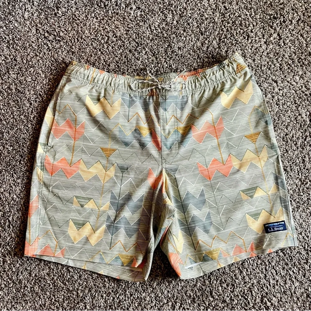 L.L. Bean Geometric Chevron Patterned Shorts Green and Orange Swim Trunks Large - Picture 2 of 14